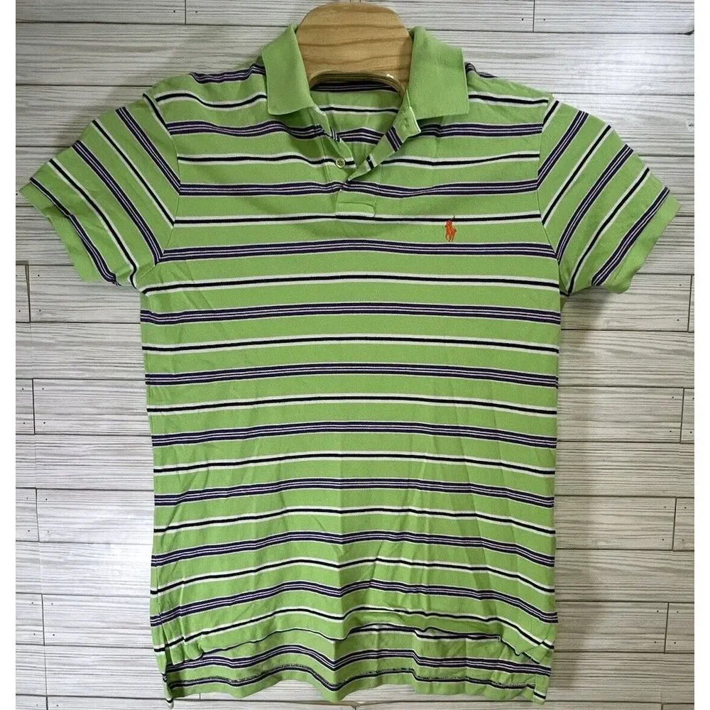 Polo Ralph Lauren Polo Shirt Cotton Green Purp Striped Bright Colors Logo Men Lg